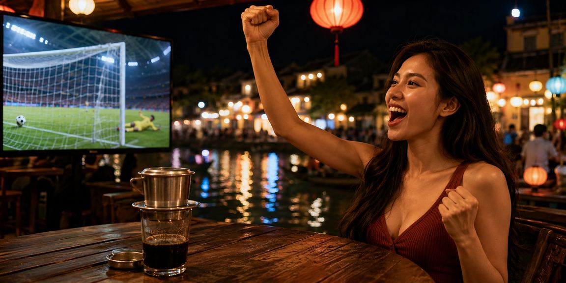 Người dùng theo dõi kèo bóng đá tại Hội An qua điện thoại bên ly cà phê buổi sáng