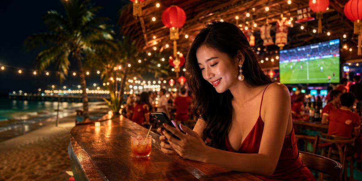 Máy slot game với ánh đèn neon sôi động tại khu vui chơi ven biển Phú Quốc ban đêm